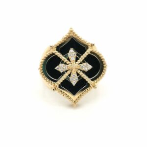 Złoty pierścionek z czarnym emaliowanym tłem i diamentowym wzorem, Jubiler Kraków BigDIAMOND