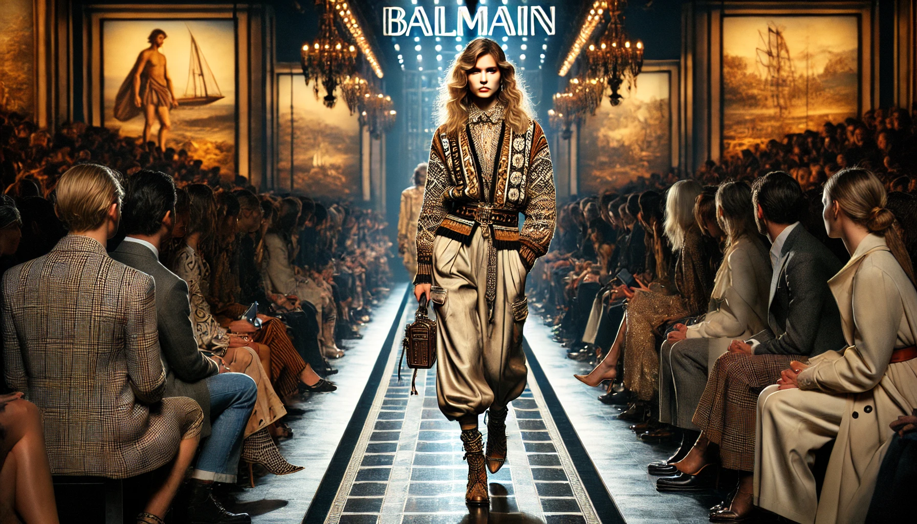 Modelka na pokazie Balmain Jesień-Zima 2024/2025 Modelka w nostalgicznej stylizacji na pokazie Balmain Jesień-Zima 2024/2025