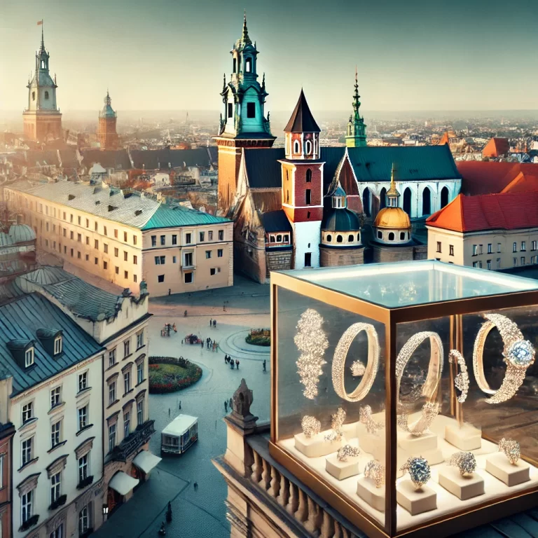 Widok na Kraków z lotu ptaka z zamkiem Wawel i Rynkiem Głównym, oraz sklepem jubilerskim na pierwszym planie.