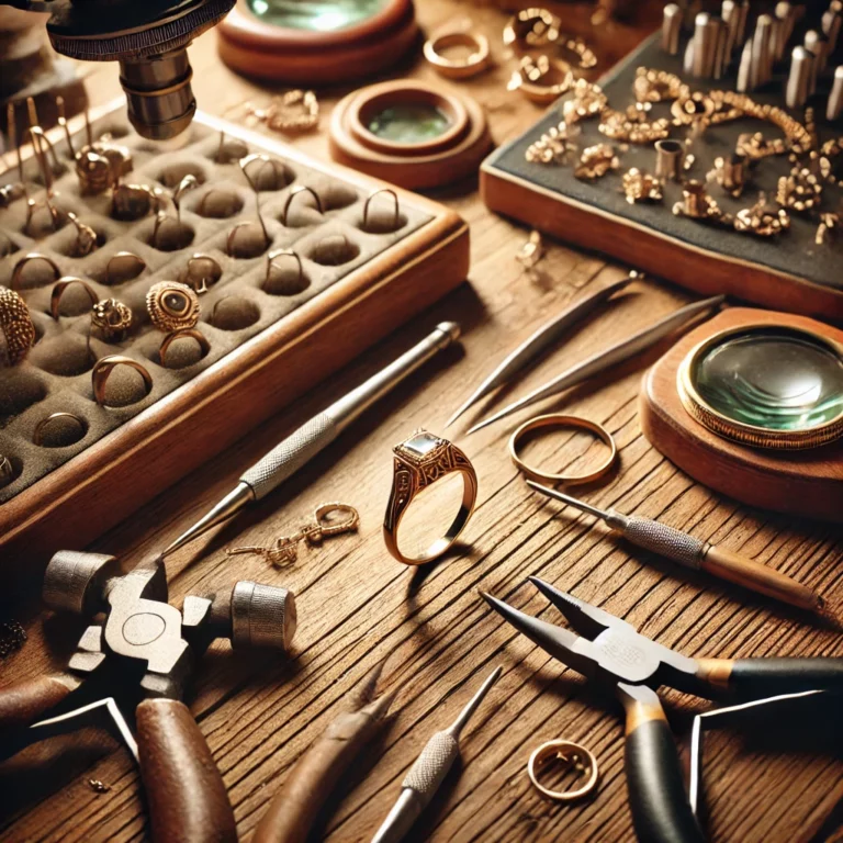 Minimalistic jewelry services price list with elegant layout, featuring services like cleaning, polishing, engraving, resizing, stone setting, chain repairs, and custom designs, displayed with starting prices in PLN on a light background with golden accents.