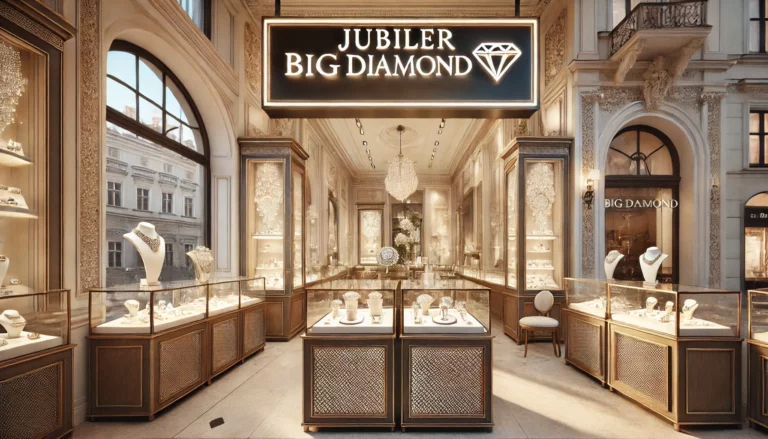 Luksusowy sklep jubilerski BigDIAMOND w Krakowie z eleganckimi gablotami pełnymi biżuterii.