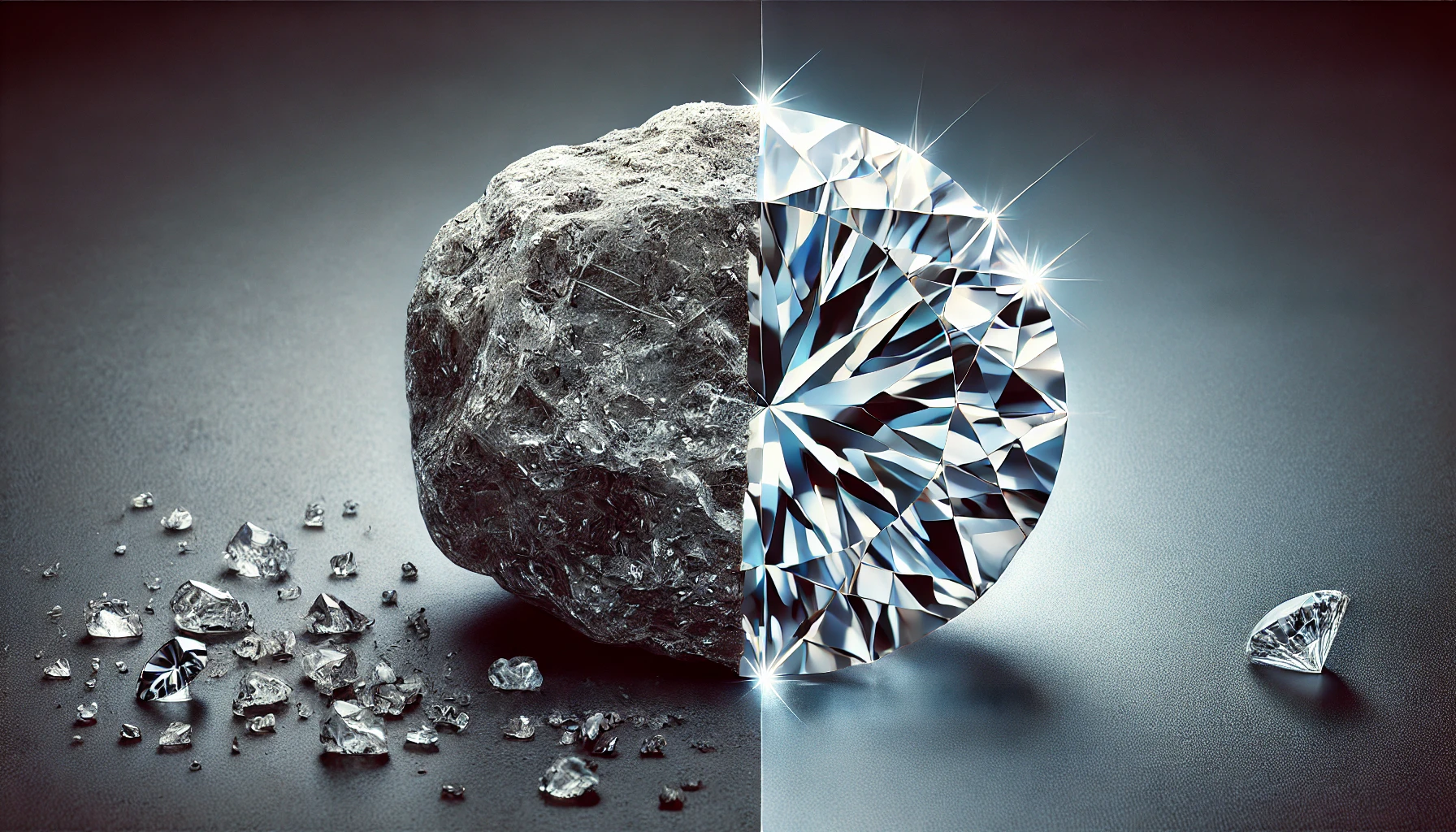 Porównanie surowego diamentu z brylantem, podkreślające różnicę między naturalnym kamieniem a diamentem o brylantowym szlifie.