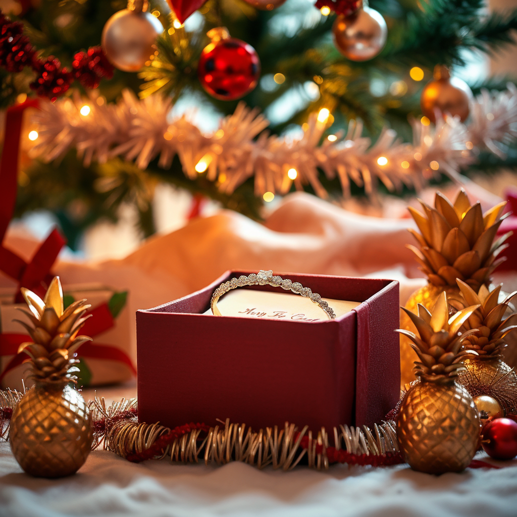 A festive holiday scene with a delicate, elegant bracelet displayed in a beautifully wrapped gift box. The bracelet sparkles under warm lighting, surrounded by ornaments, tinsel, and luxurious golden pineapples, which add a unique touch to the decorations. The backdrop features subtle festive colors like reds, greens, and golds, enhancing the celebratory atmosphere under the Christmas tree.