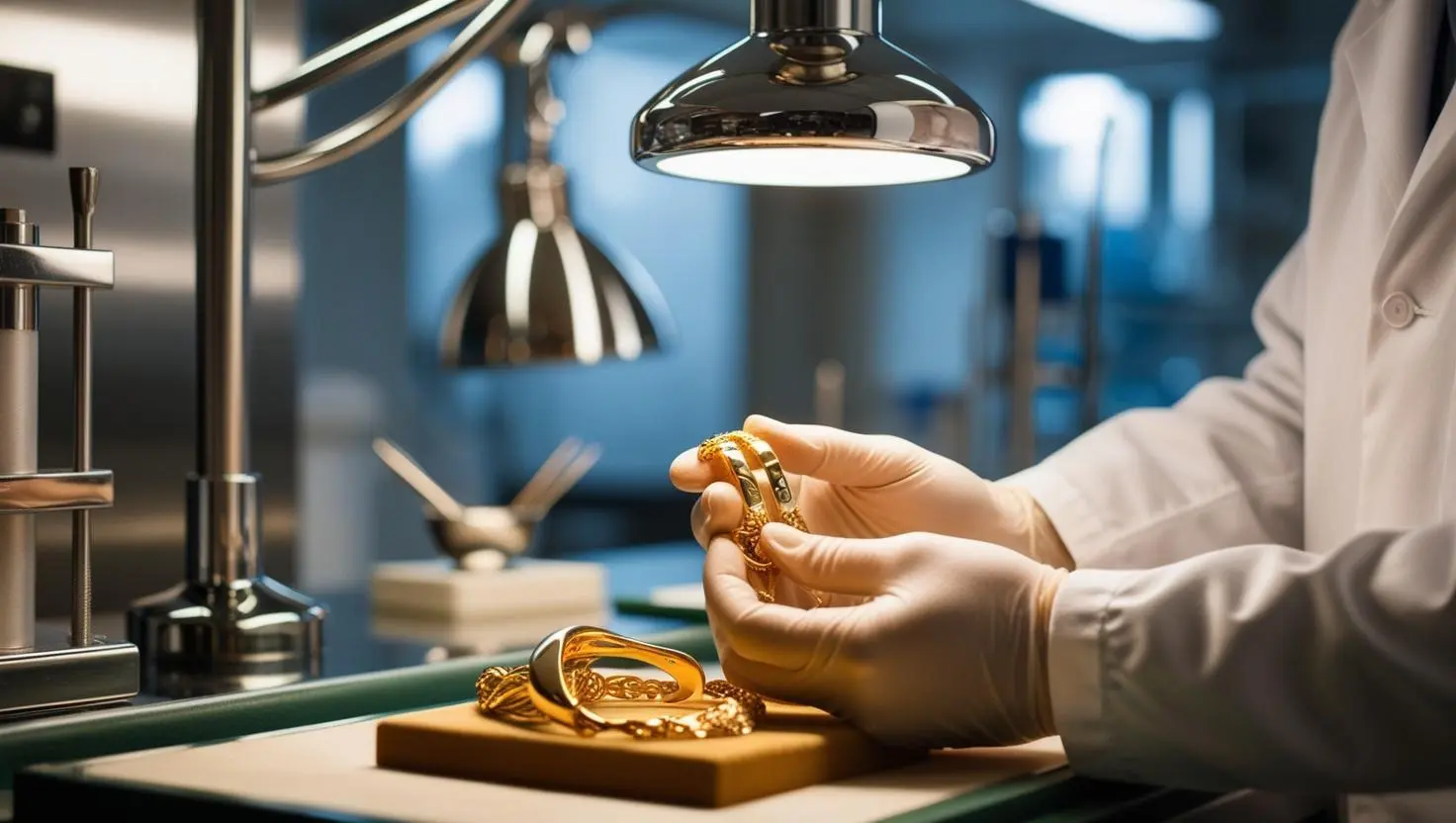 Skup biżuterii złotej i srebrnej – jak przebiega proces sprzedaży? 2 Specjalista oceniający złotą biżuterię na tle profesjonalnego laboratorium.