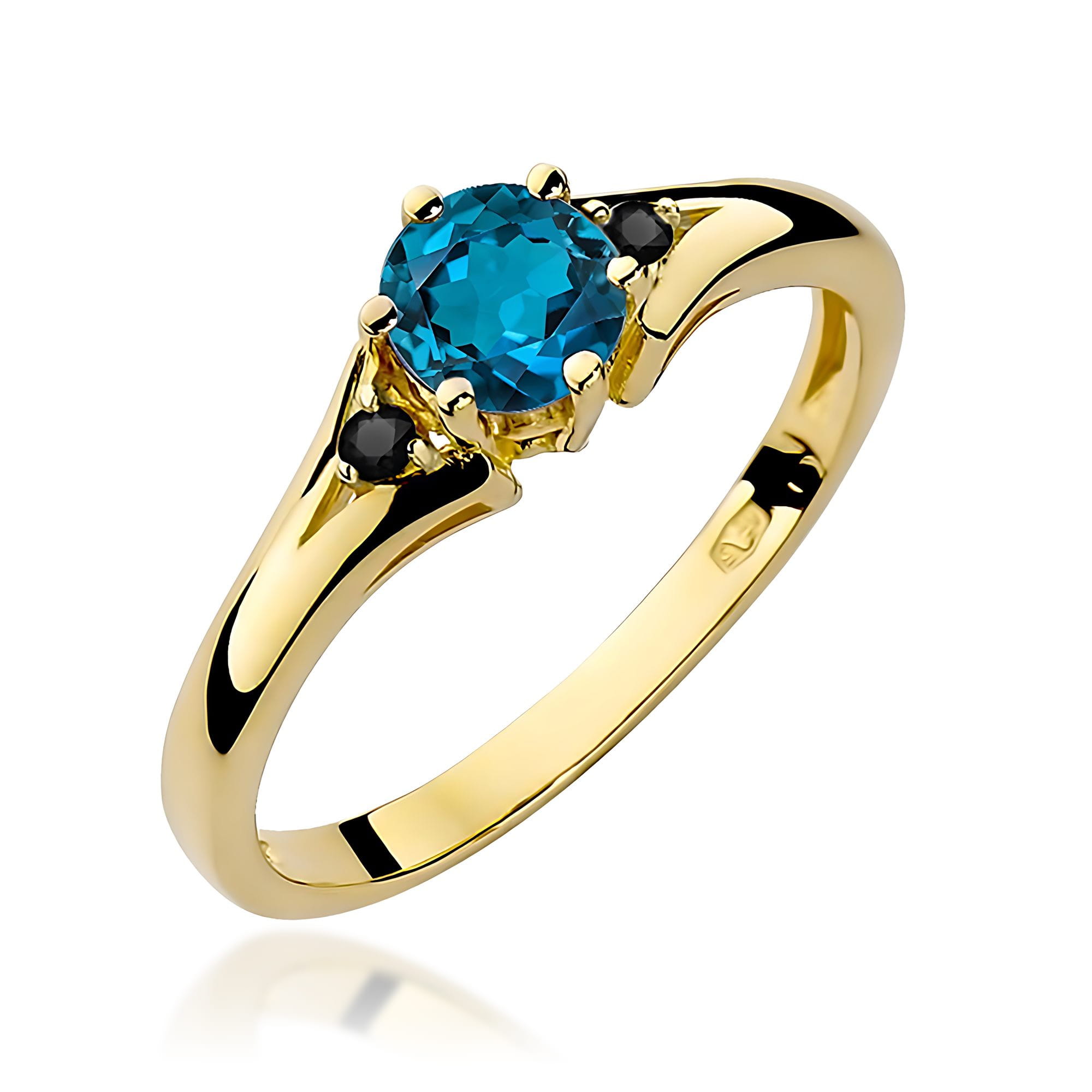Pierścionek Topaz London Blue 0,50ct żółte złoto z czarnymi diamentami 1 Pierścionek W0076 Topaz London Blue 0