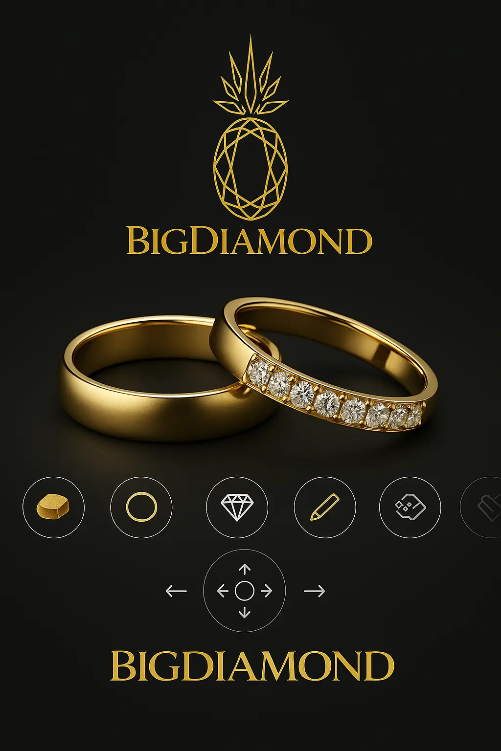 Konfigurator Obrączek BigDIAMOND – złote obrączki z diamentami na czarnym tle