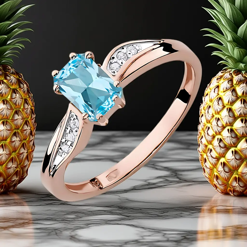 Różowe Złoto Pierścionek z Błękitnym Topazem 0.65ct i Diamentami - Soliter, Zaręczynowy 1 Pierścionek zaręczynowy z różowego złota 585 z błękitnym topazem 0.65ct i diamentami, ręcznie wykonany przez BigDIAMOND Kraków.