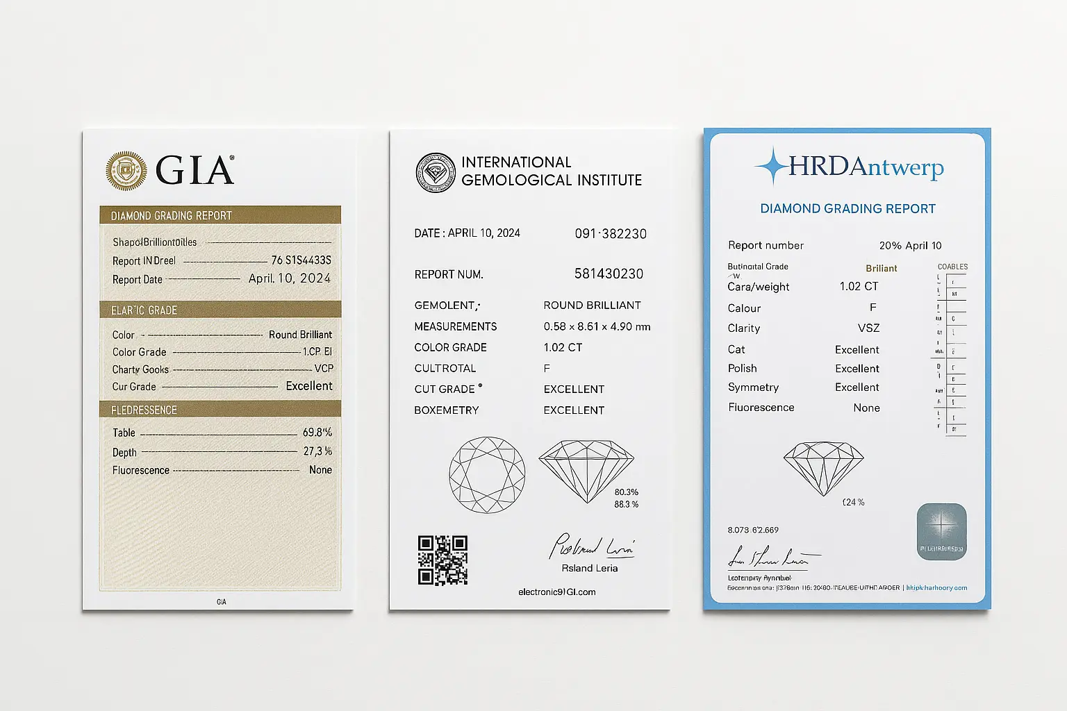 Jak czytać certyfikat diamentu? Zrozum klasyfikację GIA, IGI i HRD 2 Porównanie trzech certyfikatów diamentów: GIA (lewy), IGI (środkowy) i HRD (prawy), ukazujące różnice w układzie i formacie raportów gemmologicznych.