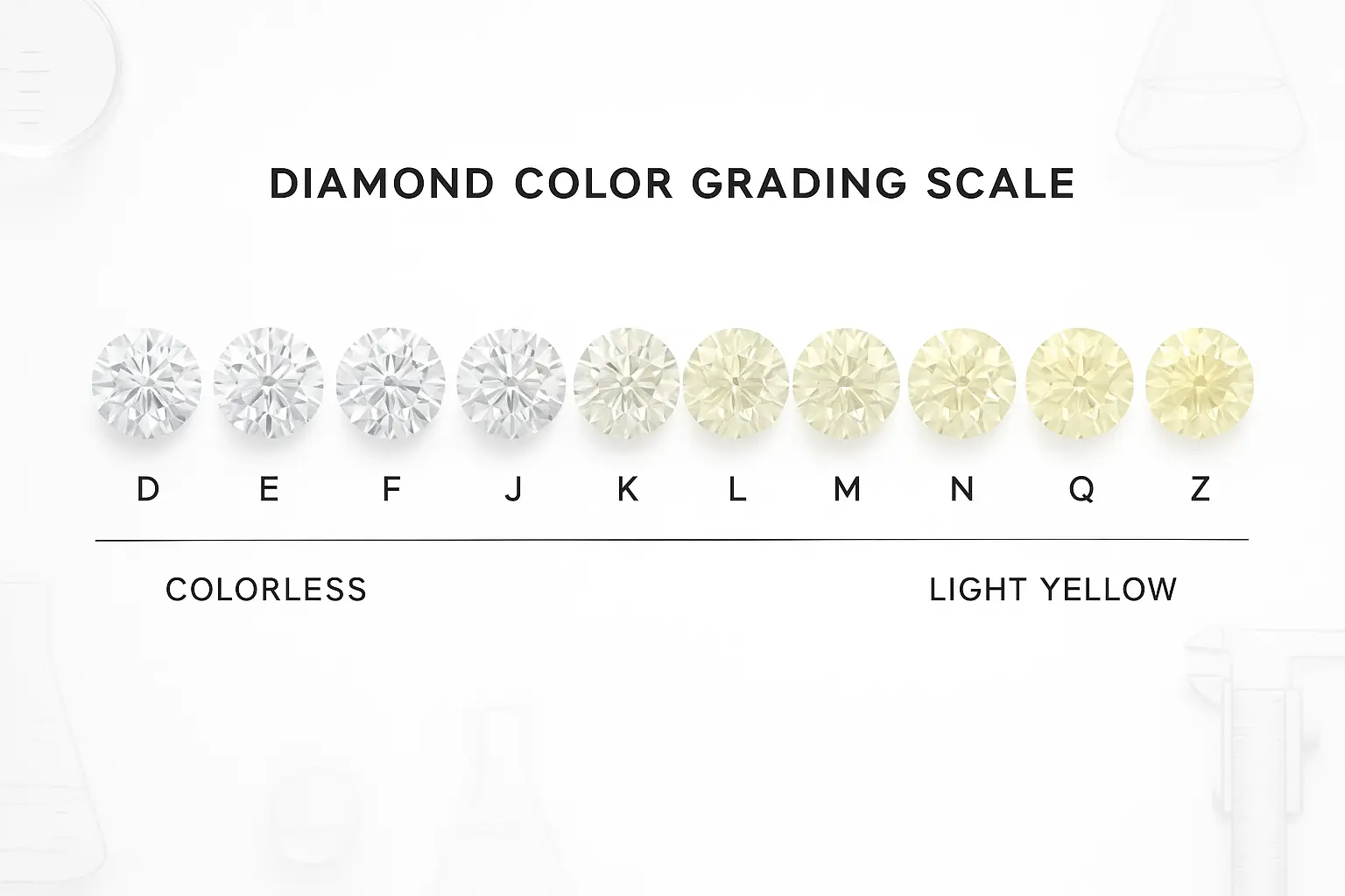 Jak czytać certyfikat diamentu? Zrozum klasyfikację GIA, IGI i HRD 3 Diagram edukacyjny przedstawiający skalę barw diamentów GIA od D (bezbarwny) do Z (jasnożółty), z realistycznymi ilustracjami diamentów w gradiencie i oznaczeniami literowymi poszczególnych stopni.