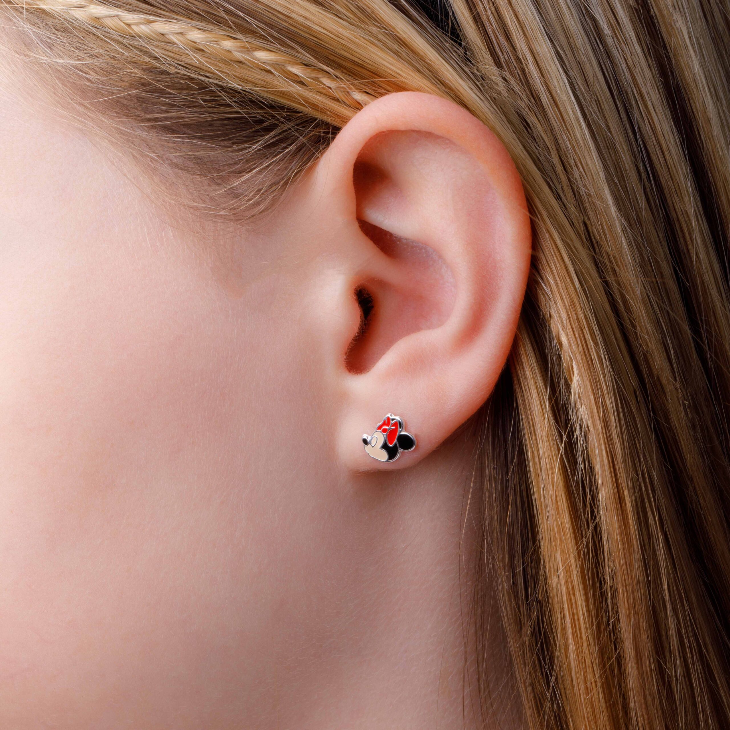Srebrne kolczyki Disney Mickey & Minnie – Biżuteria dziecięca BigDIAMOND 2 Dziecięce srebrne kolczyki Minnie Mouse z czerwoną kokardką – idealne na prezent