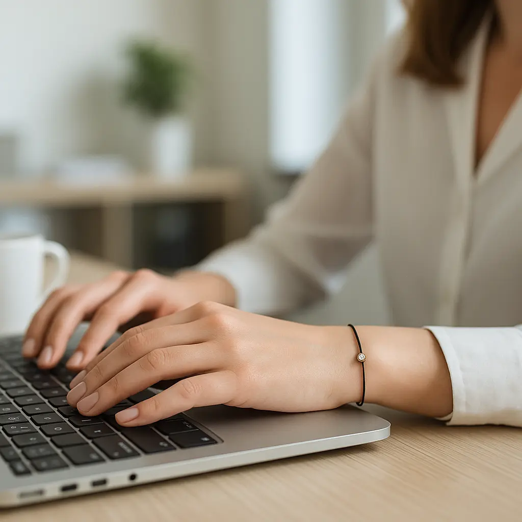Biżuteria do pracy – elegancja i minimalizm | Jubiler Kraków BigDIAMOND 3 Kobieta pisząca na laptopie, nosząca minimalistyczną bransoletkę na sznurku z diamentem.