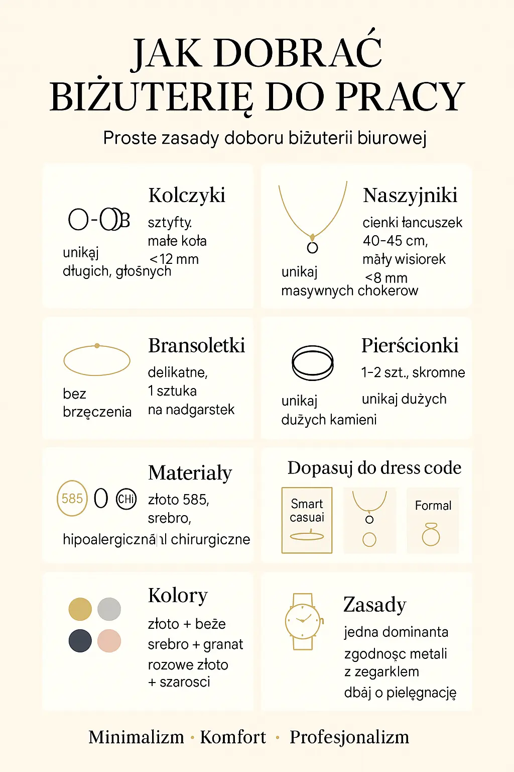 Biżuteria do pracy – elegancja i minimalizm | Jubiler Kraków BigDIAMOND 4 Infografika przedstawiająca rodzaje biżuterii do pracy – kolczyki sztyfty, cienkie złote bransoletki i minimalistyczne naszyjniki.