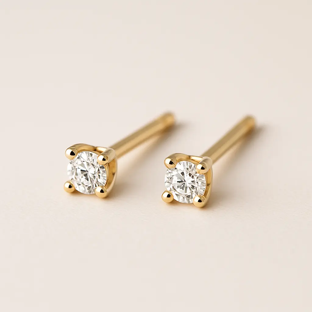 Biżuteria do pracy – elegancja i minimalizm | Jubiler Kraków BigDIAMOND 2 Zbliżenie na złote kolczyki sztyfty z diamentem – elegancka propozycja biżuterii biurowej.