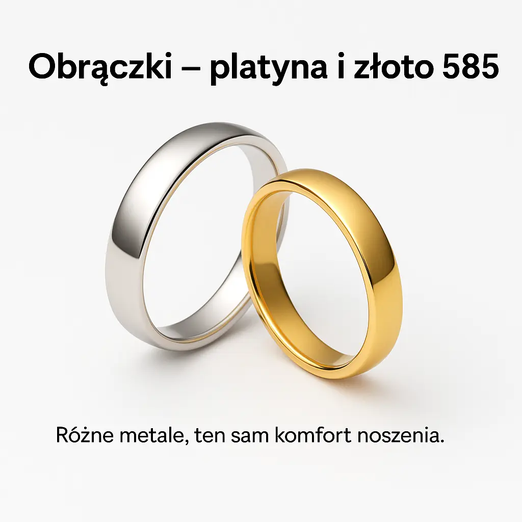 Obrączki komfort noszenia 4 Zbliżenie na parę obrączek z platyny i złota 585 na białym tle, delikatne cienie.