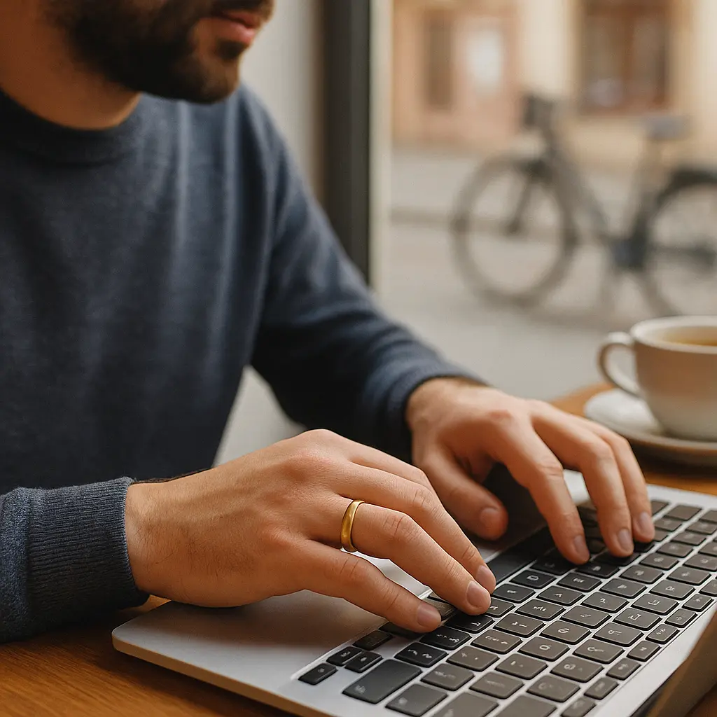 Obrączki komfort noszenia 3 Obrączka comfort-fit podczas pracy przy laptopie w kawiarni na Kazimierzu.