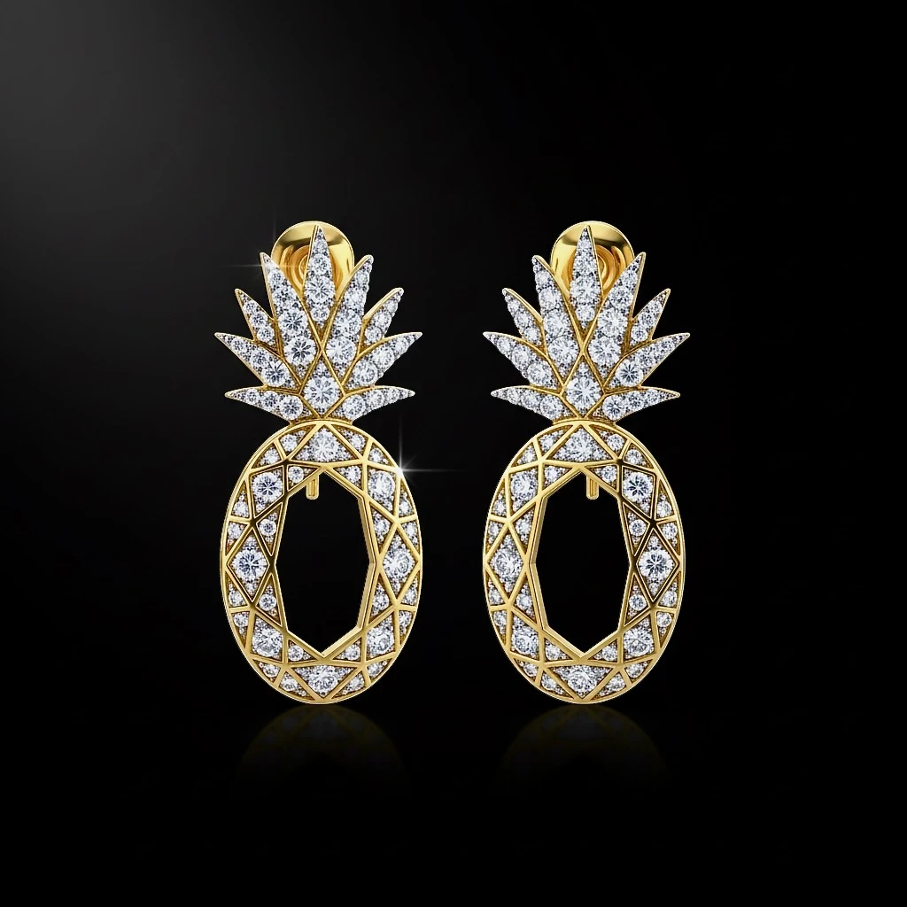Złote kolczyki ananas z diamentami – biżuteria Black Friday BigDIAMOND Kraków, eleganckie kolczyki z diamentami