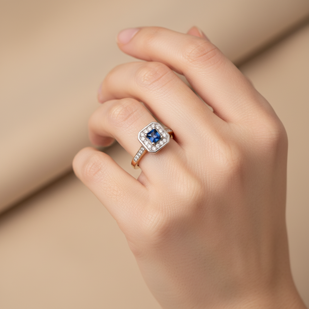 Złoty pierścionek (2,23g, roz.11) z szafirem i brylantami | BigDIAMOND Kraków 1 Złoty pierścionek z niebieskim kamieniem i diamentami