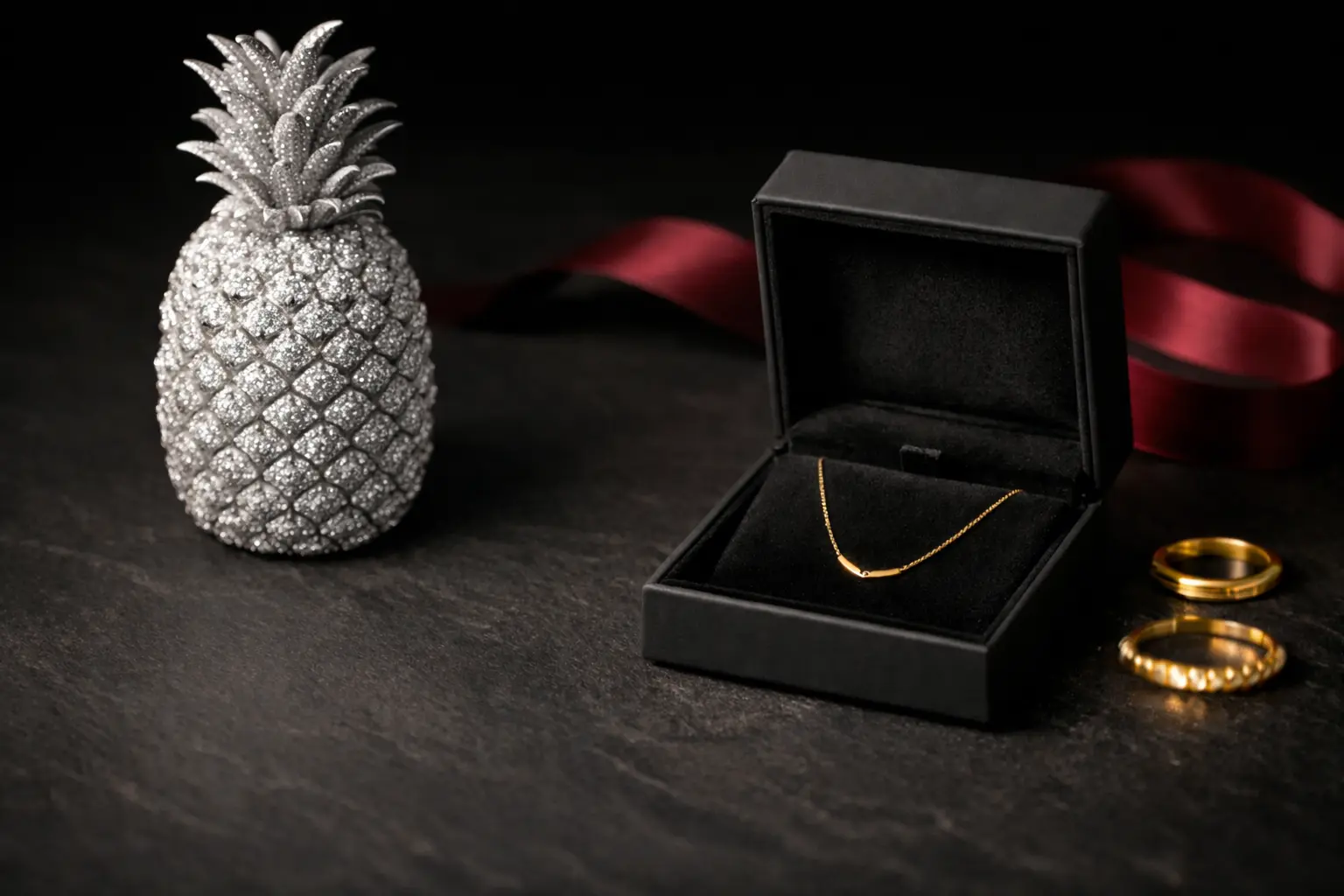 Elegancki flat-lay biżuterii w stylu premium: otwarte pudełko jubilerskie i złoty naszyjnik na ciemnym tle. Zdjęcie przewodnie strony Promocje BigDIAMOND Jubiler Kraków.