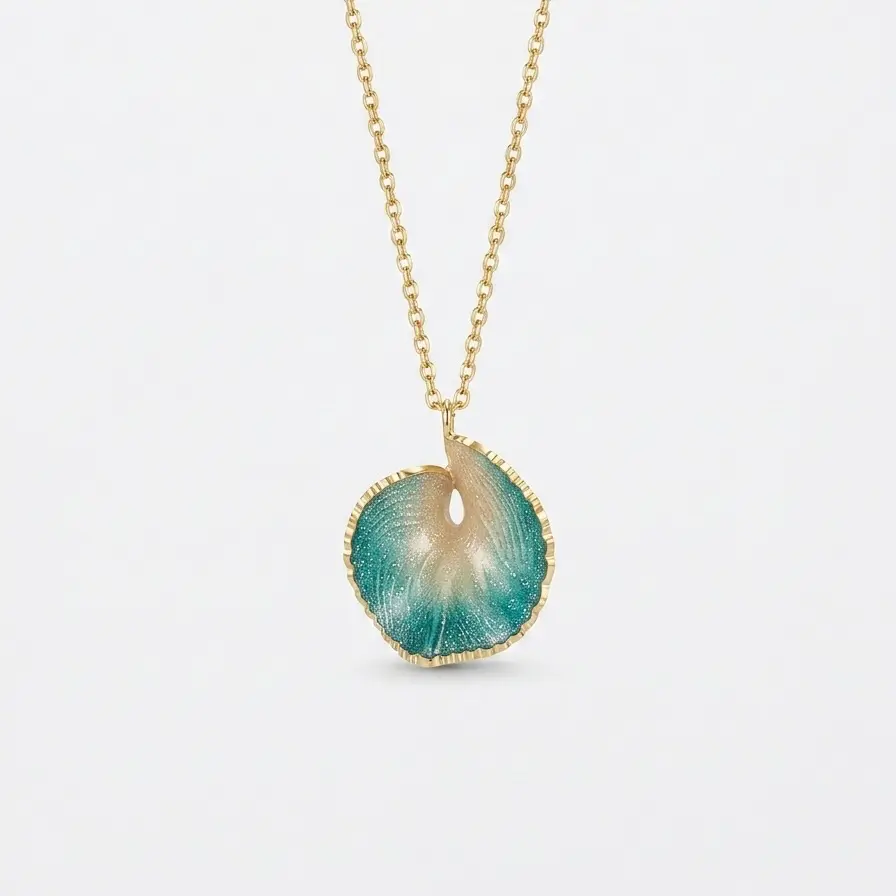 Złoty naszyjnik (4,45g) z zielonym listkiem – emalia | BigDIAMOND Kraków 3 Teal and gold pendant on a chain