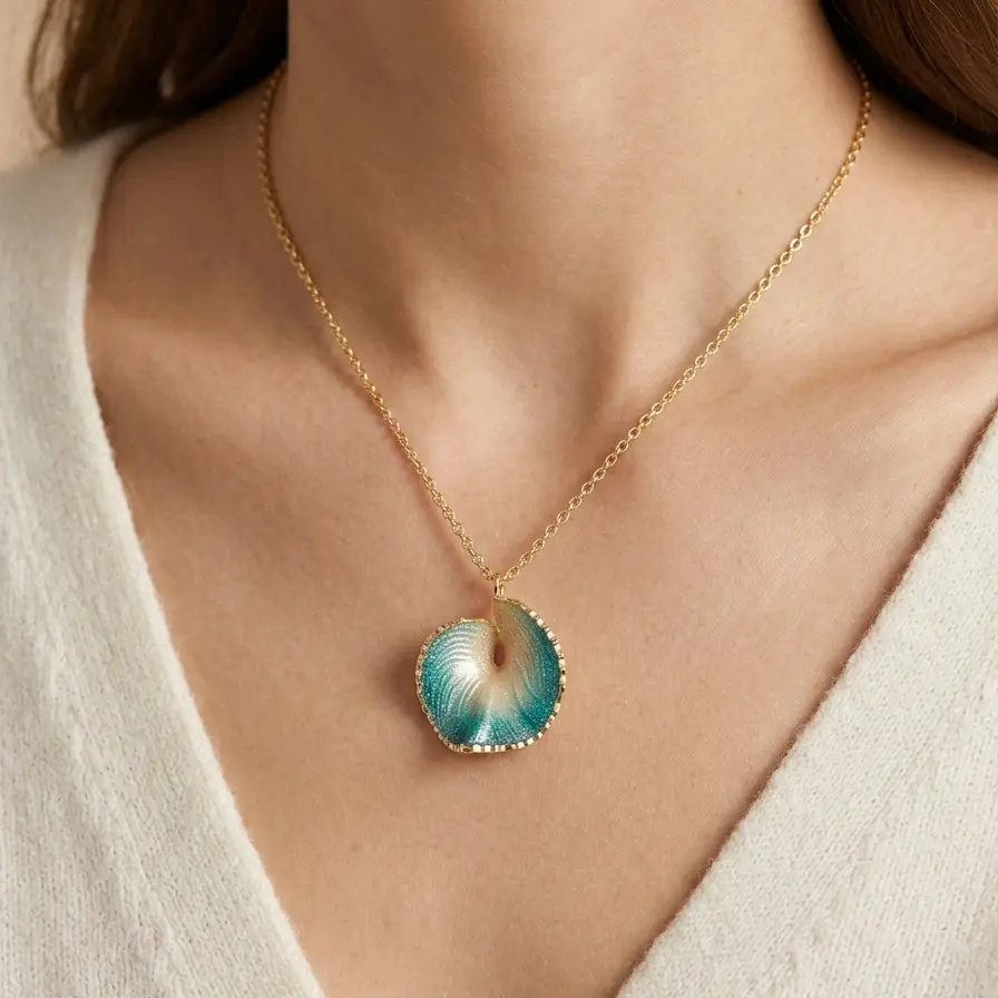 Złoty naszyjnik (4,45g) z zielonym listkiem – emalia | BigDIAMOND Kraków 1 A close-up of a beautiful pendant necklace featuring a blue and gold design, worn on a person's neck.